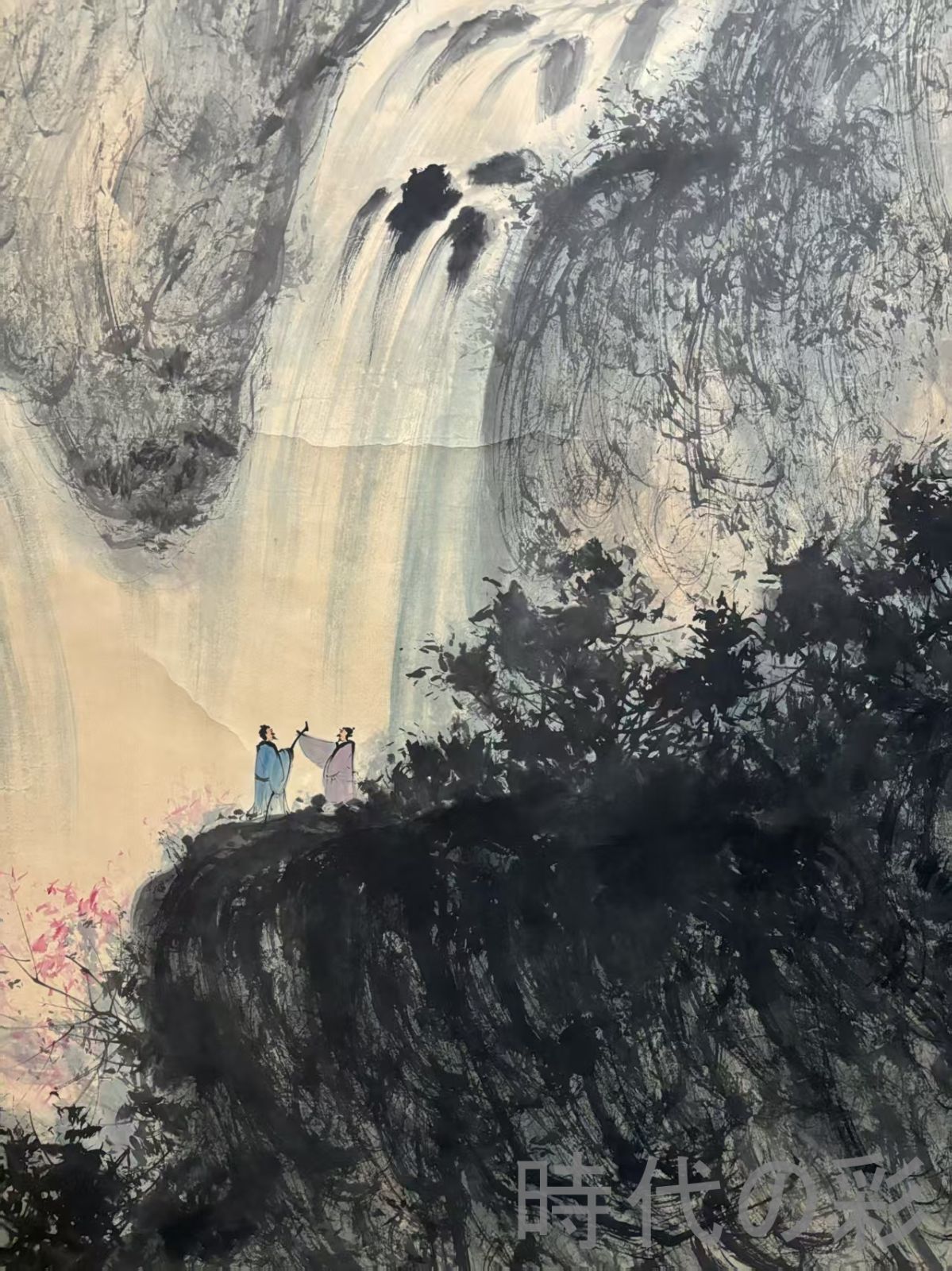 中国古美術.旧蔵.近代書画家『傅抱石山水画』1丈2手絵鏡芯サイズ.厚底