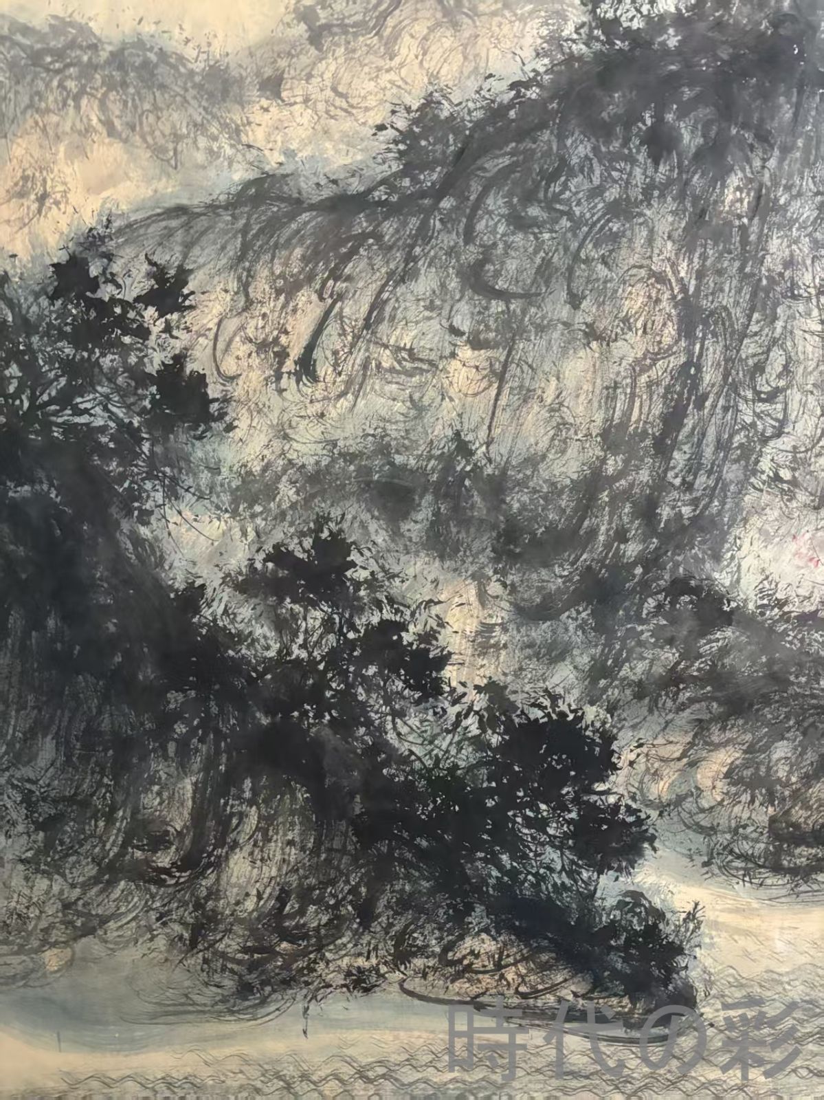 中国古美術.旧蔵.近代書画家『傅抱石山水画』1丈2手絵鏡芯サイズ.厚底