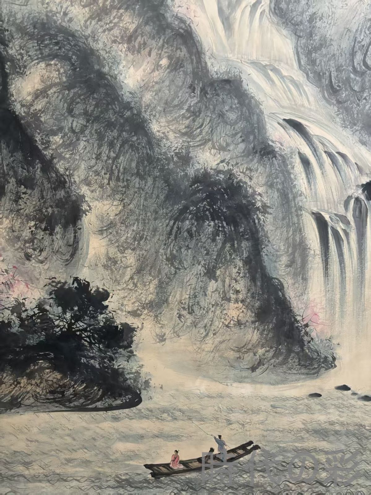 中国古美術.旧蔵.近代書画家『傅抱石山水画』1丈2手絵鏡芯サイズ.厚底