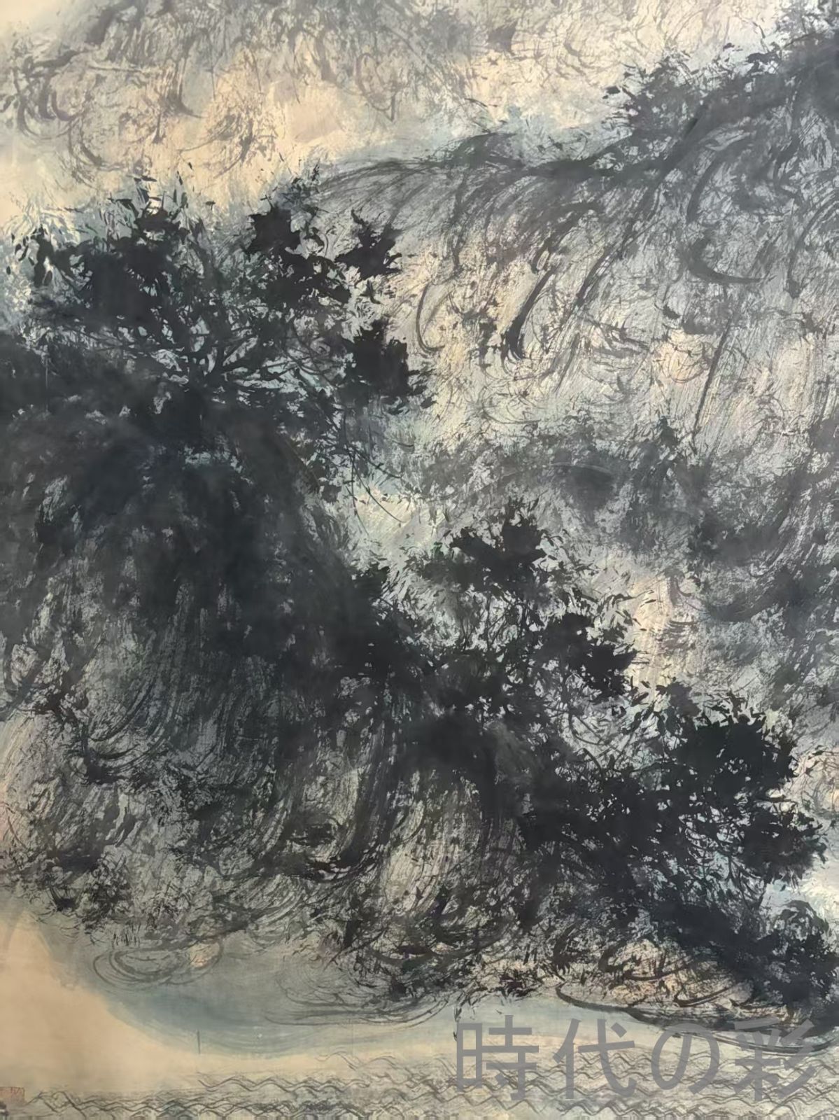 中国古美術.旧蔵.近代書画家『傅抱石山水画』1丈2手絵鏡芯サイズ.厚底