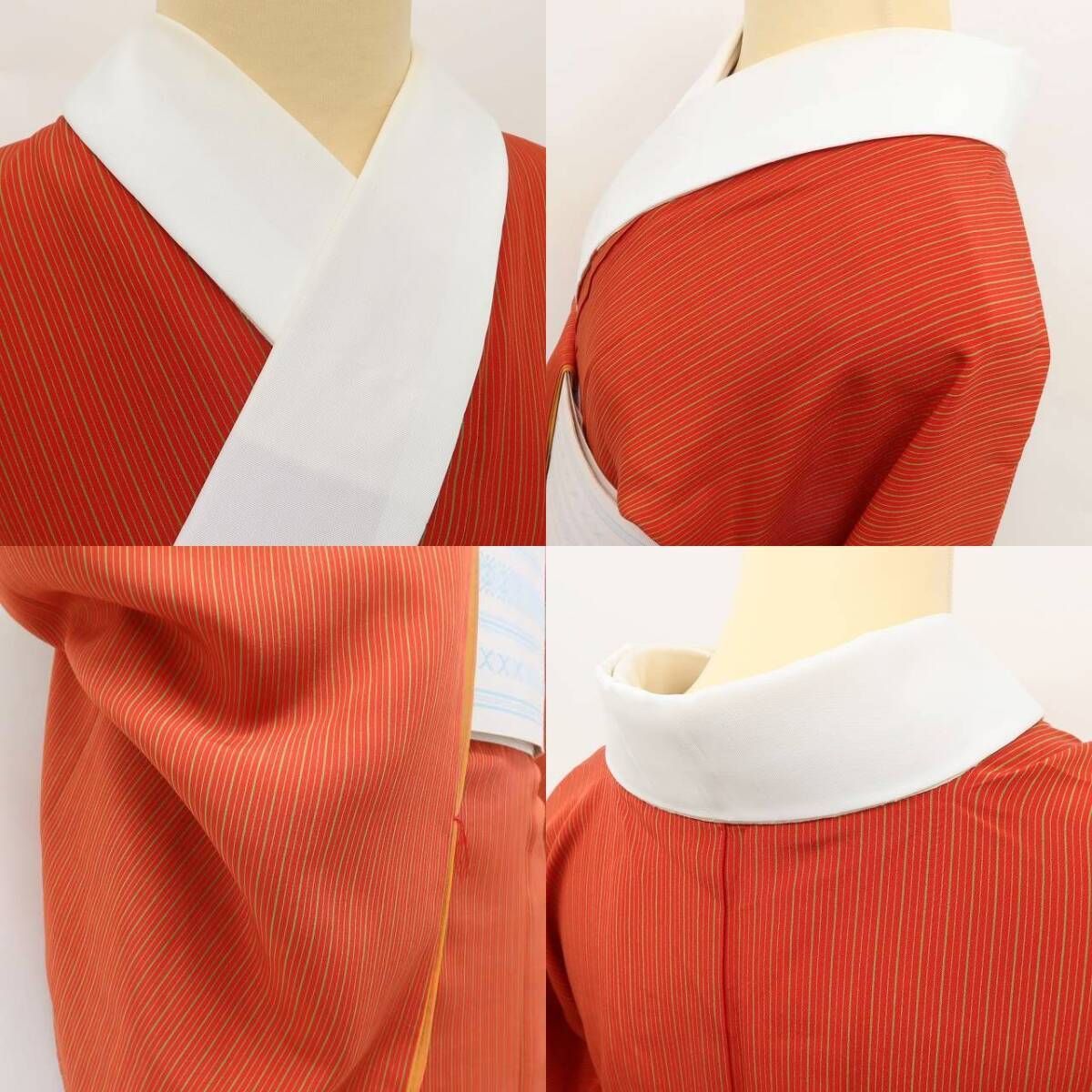 ✾まめ藤✾正絹 着物 袷 猩々緋色×縦縞 レトロなストライプリボンに包まれて 長襦袢 U-19