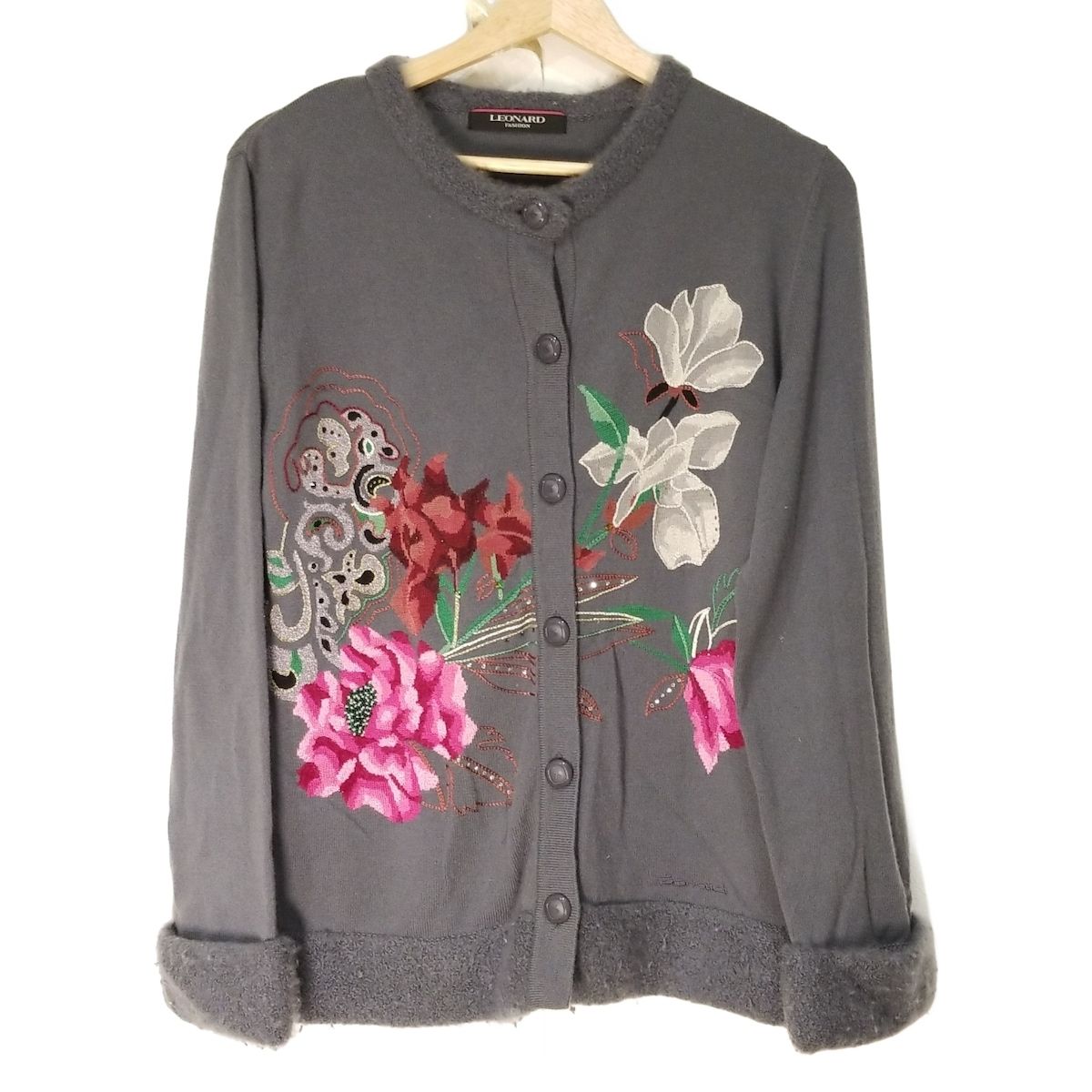 LEONARD 　レオナール　ラインストーン　カーディガン　 ビジュー　カンカン LEONARD(レオナール) カーディガン サイズ42 L レディース - グレー