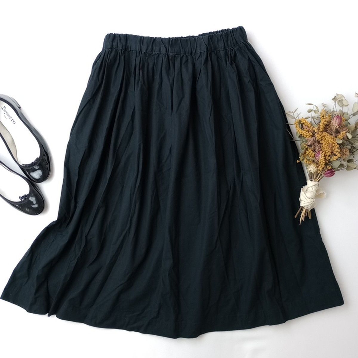 Cion シオン フレンチブル コットン ギャザースカート 日本製 黒