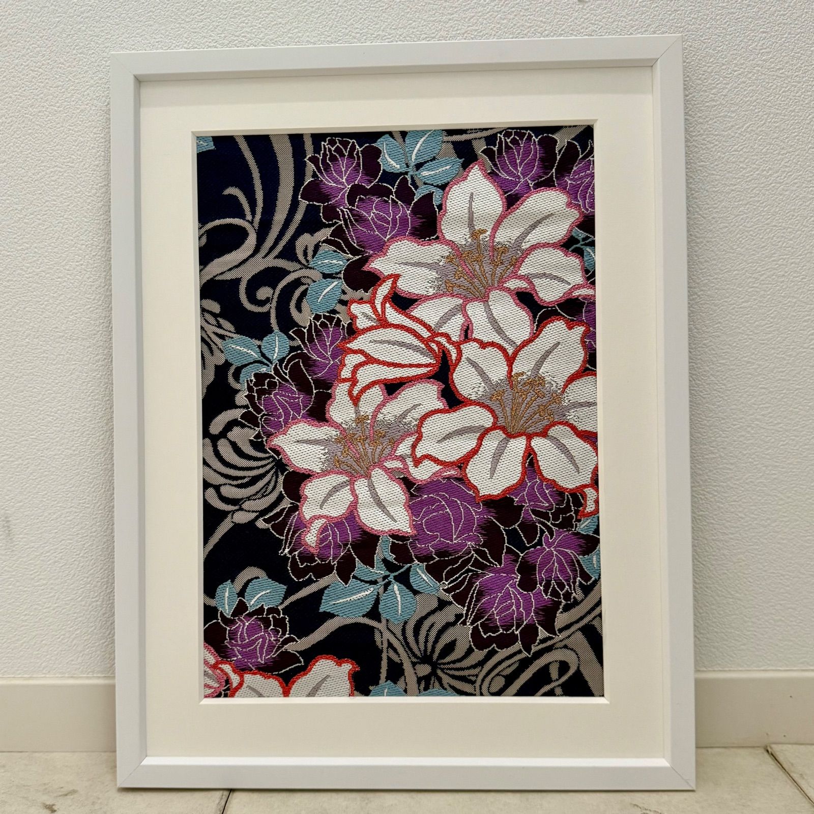 京都帯屋さん フレーム入りシルク日本の織物アート 百合流れ