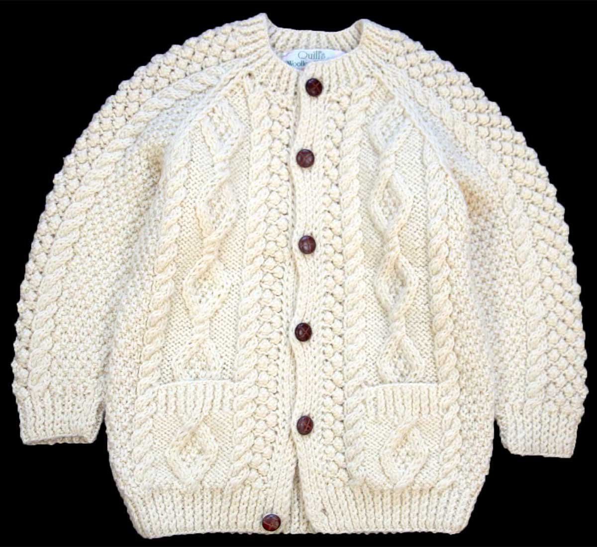 アイルランド製 Quill s ケーブル編み ウール ハンドニット カーディガン ナチュラル キッズ フィッシャーマン アラン ユーロ