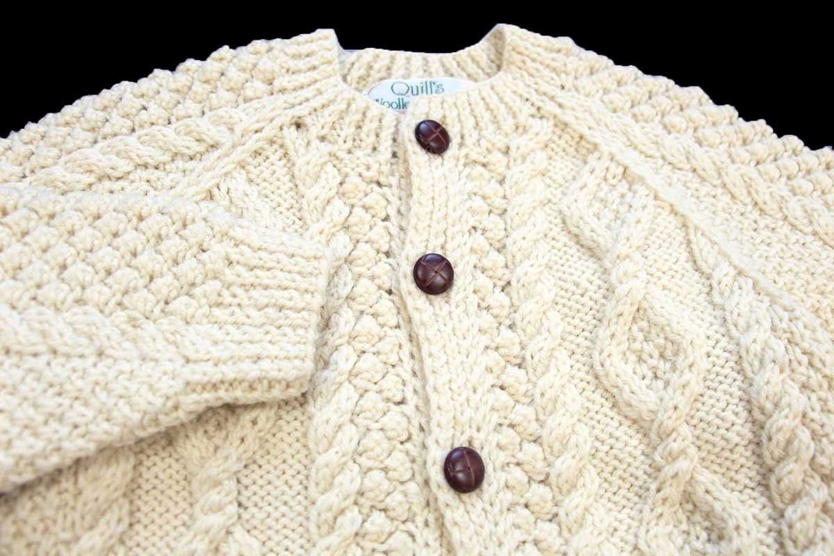  アイルランド製 Quill s ケーブル編み ウール ハンドニット カーディガン ナチュラル キッズ フィッシャーマン アラン ユーロ セーター トップス