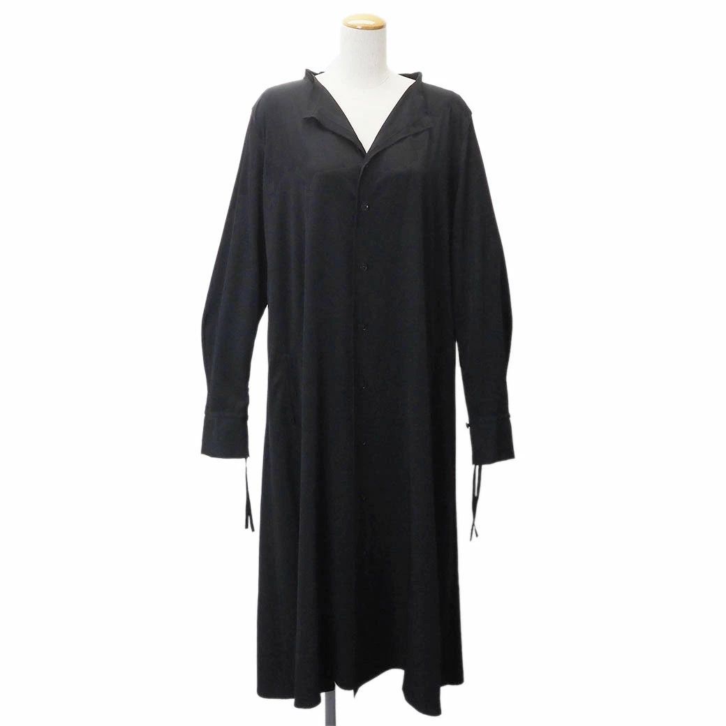 Y's ワイズ カラーレス Aライン ドレス シャツワンピース ブラック YU