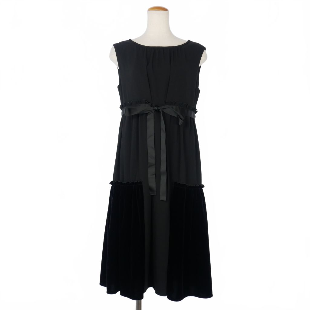 【中古】ルネ Rene ベロア切替 ノースリーブ ワンピース ドレス フリル リボン 38 黒 ブラック 6746290 レディース ルネ Rene ベロア切替 ノースリーブ ワンピース ドレス フリル リボン