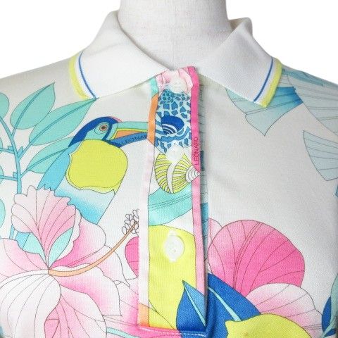 日本製★LEONARD　希少サイズ　ポロシャツ　魚 花 ロゴ 花柄　42 レオナールスポーツ LEONARD SPORT ポロシャツ 長袖 花柄 総柄 38 M