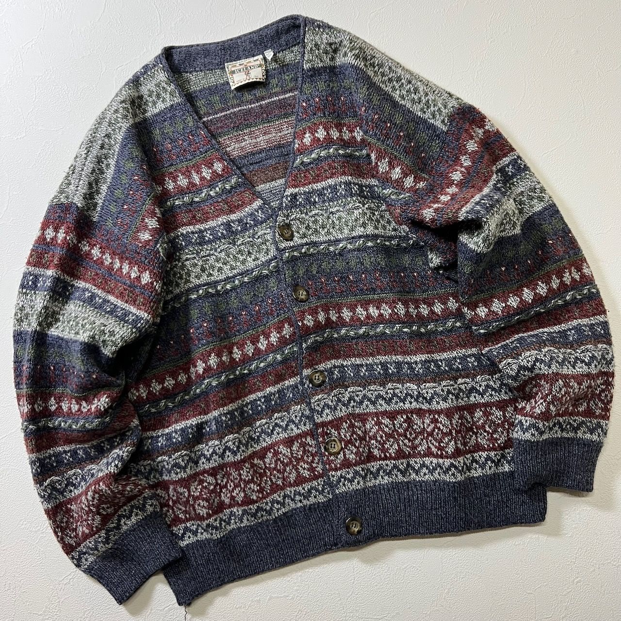 80s~90s Italy 総柄 フェアアイル アクリル ウール カーディガン