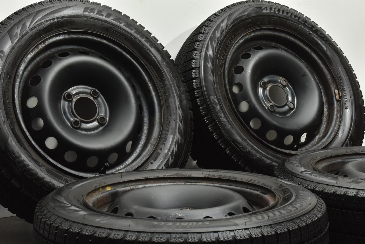 溝有りタイヤ ルノー カングー スチール 14 in 5 J 36 PCD 100 ブリヂストン ブリザックVRX 2 175 65 R 4本セット X 76 FC KC 初代