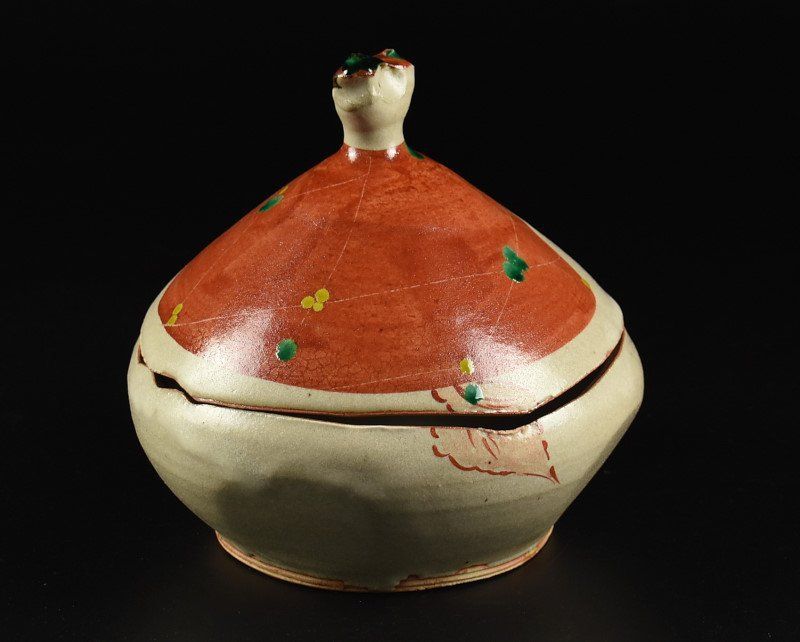 蔵A4355】神勝寺焼 陶津窯 藤本明成 赤絵 菓子器 共箱 高さ18cm