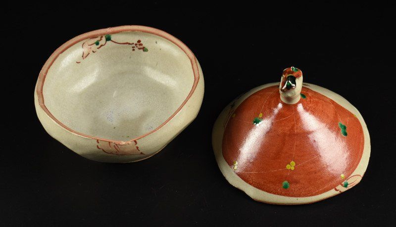 蔵A4355】神勝寺焼 陶津窯 藤本明成 赤絵 菓子器 共箱 高さ18cm