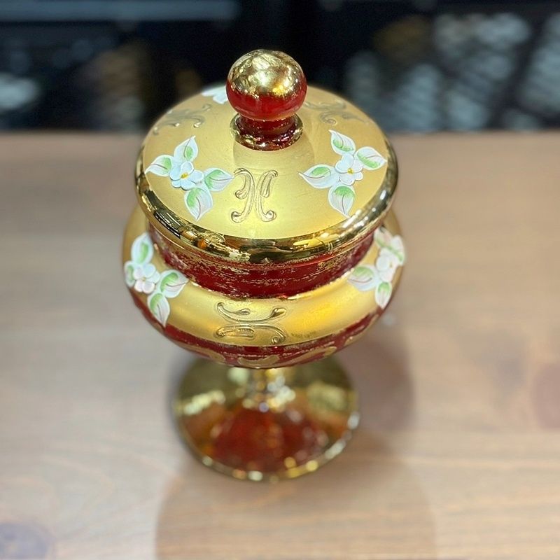 ヴェネチアングラス 赤金彩 高さ17cm キャンディポット 脚付き 蓋付き
