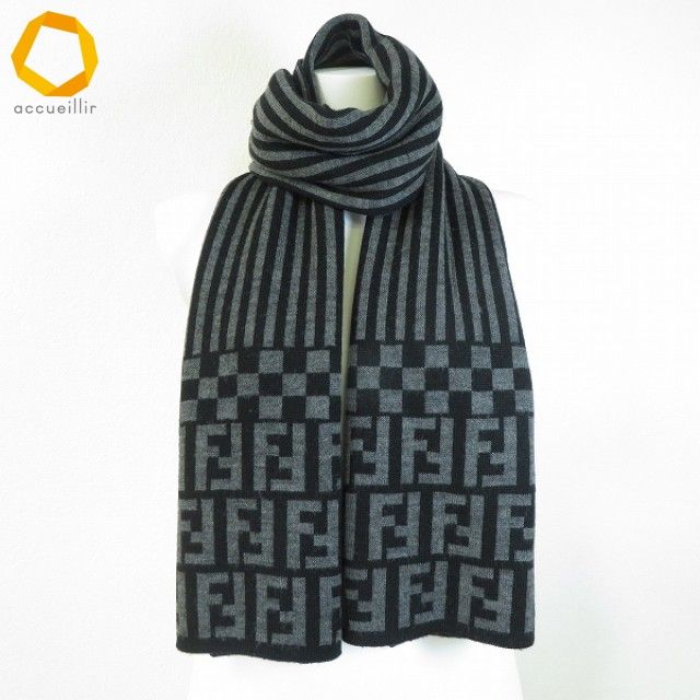 we フェンディ FENDI マフラー 黒 グレー ズッカ柄 ストライプ ウール
