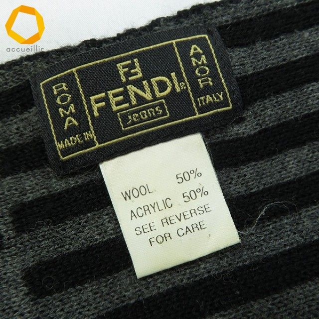 we フェンディ FENDI マフラー 黒 グレー ズッカ柄 ストライプ ウール