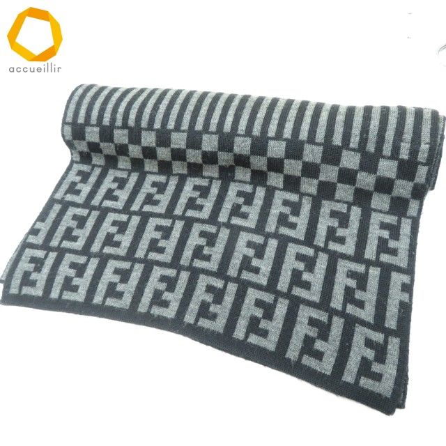 we フェンディ FENDI マフラー 黒 グレー ズッカ柄 ストライプ ウール