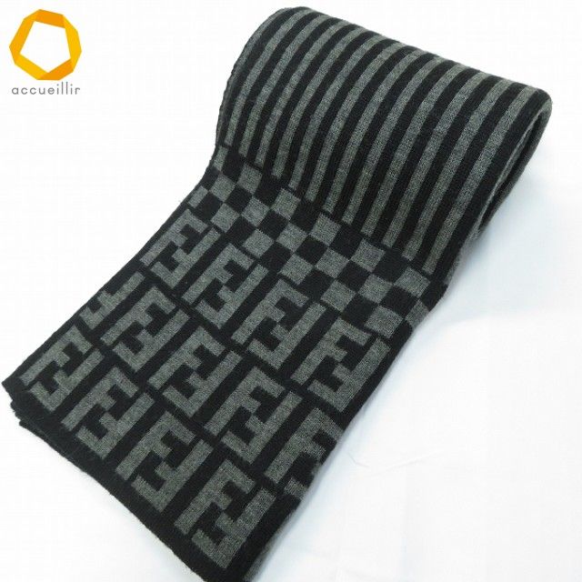 we フェンディ FENDI マフラー 黒 グレー ズッカ柄 ストライプ ウール