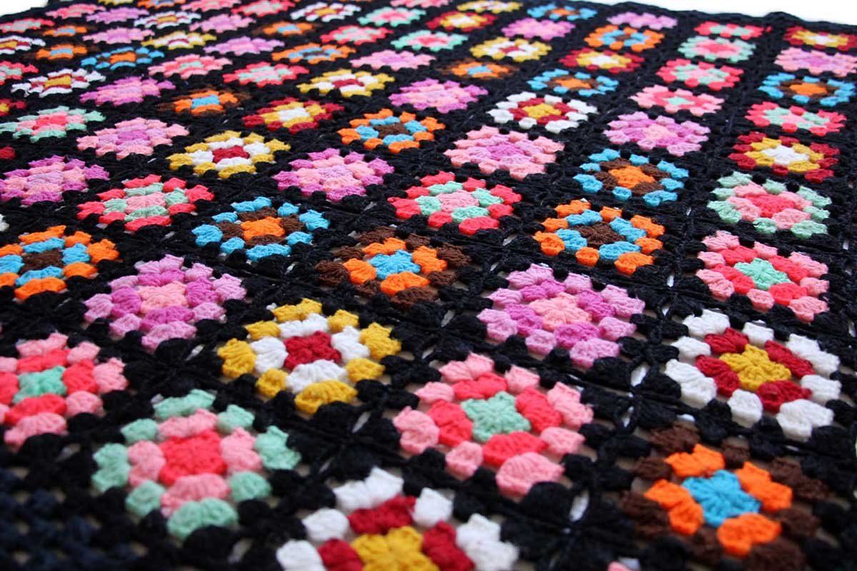 BQJW クロシェ ニット ラグ 星形 スター ブランケット ラウンド N スクエア モチーフ ニット 最新 グラニー ブランケット 黒☆G カギ編み