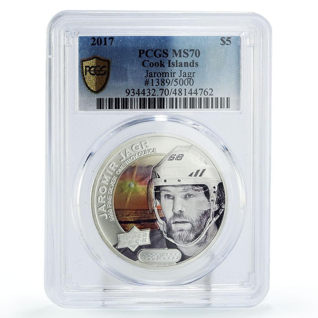 クック諸島 5ドル アッパーデッキ グランデュール NHL ホッケー ヤガー MS 70 PCGS 銀貨 2017年