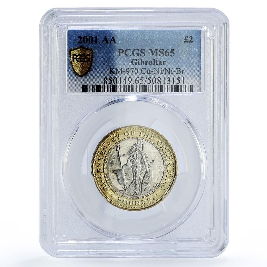 ジブラルタル 2ポンド ユニオンジャック旗 ブリタニア KM 970 MS 65 PCGS バイメタルコイン 2001年