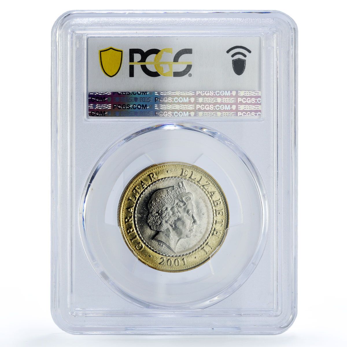 ジブラルタル 2ポンド ユニオンジャック旗 ブリタニア KM 970 MS 65 PCGS バイメタルコイン 2001年