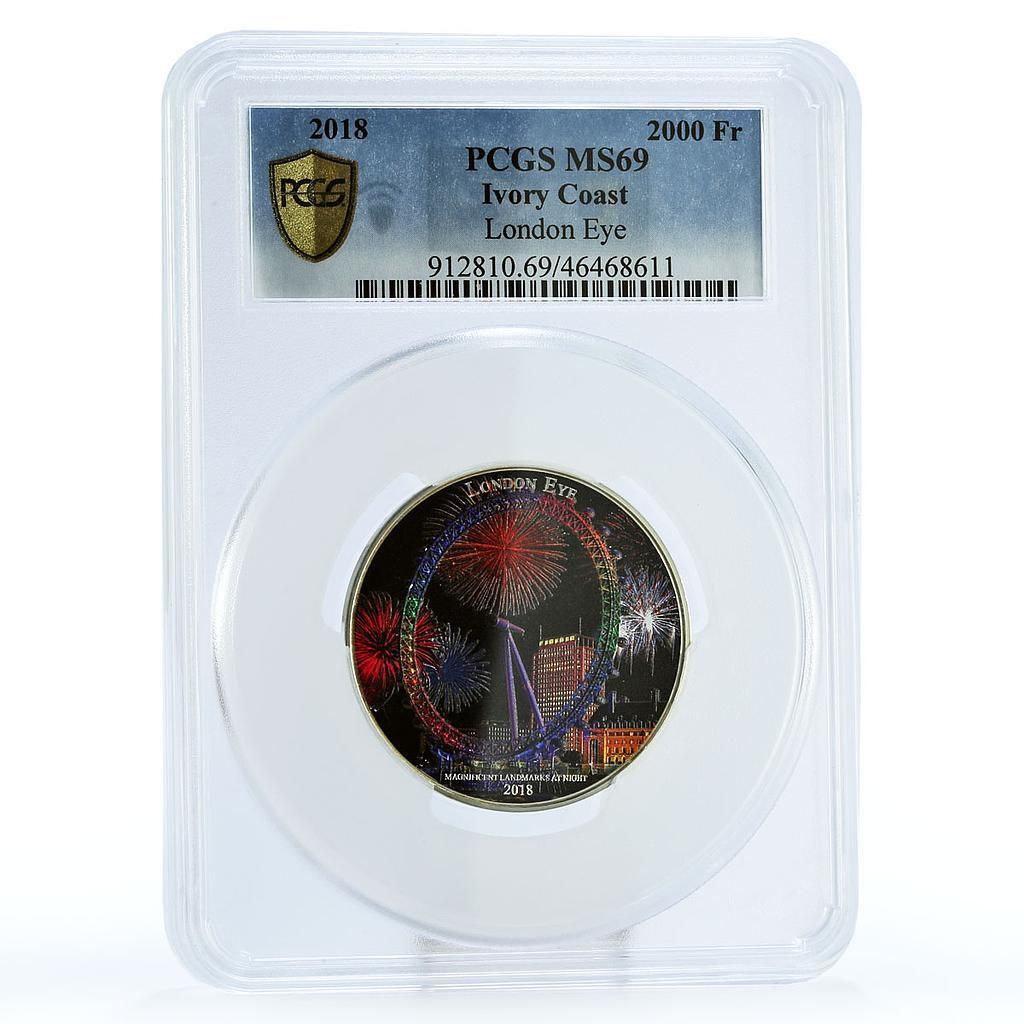 コートジボワール 2000フラン ロンドン アイ ホイール アーキテクチャー MS69 PCGS 銀貨 2018