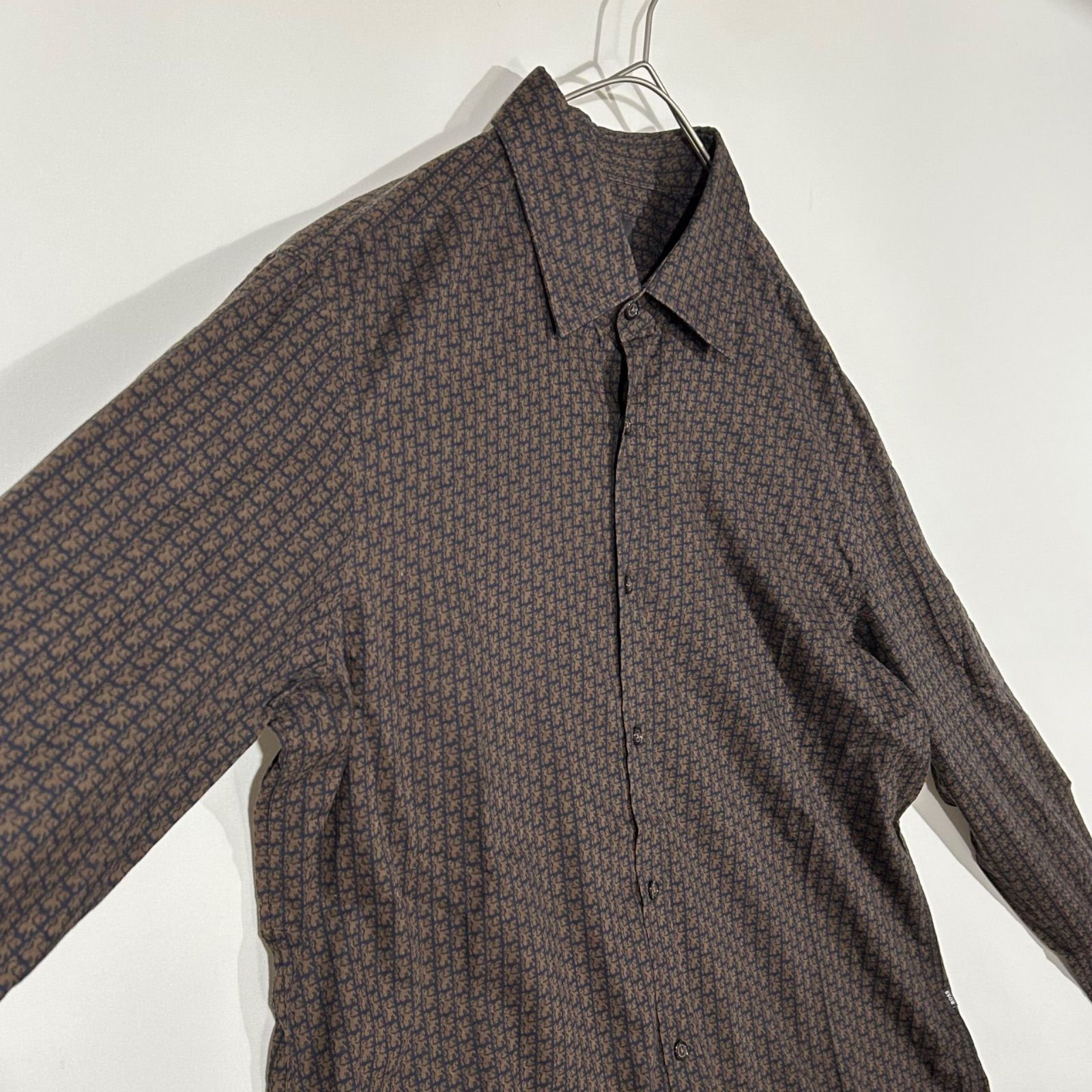 サイズ ヒューゴボス HUGO BOSS 総柄 長袖シャツ XXL スリムフィット アナグラム