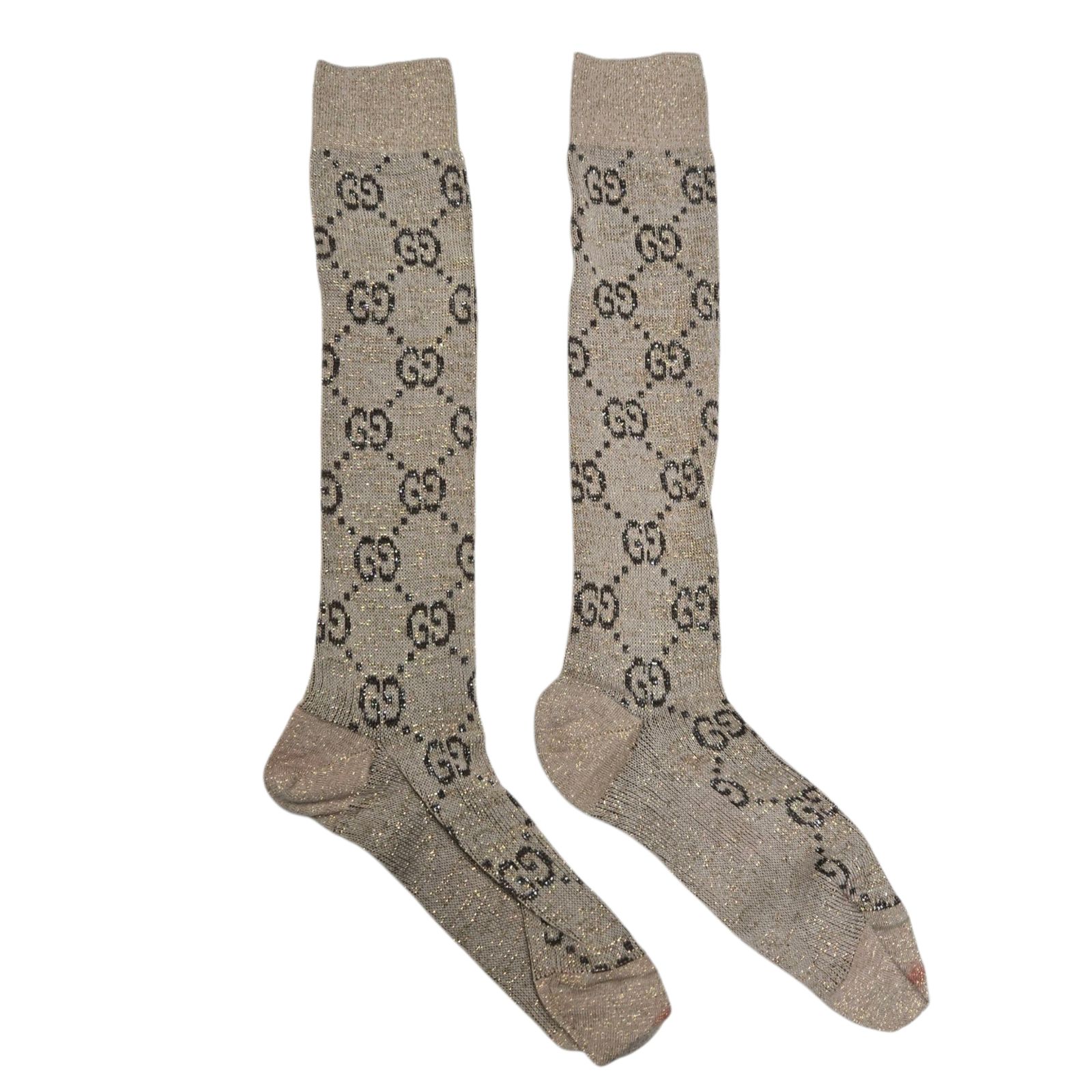 レア✨【グッチ】靴下　ハイソックス　ブラウン　ラメ　GG インターロッキング ◇グッチ Gucci GGロゴパターン ロングソックス 約23cm ブラウン系