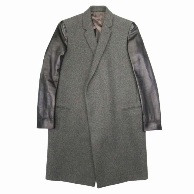 セリーヌ CELINE by Phoebe Philo フィービー期 エッグクロンビー メルトン ラムレザードッキング チェスターコート アウター 36 グレー×ブラック A 64 レディース