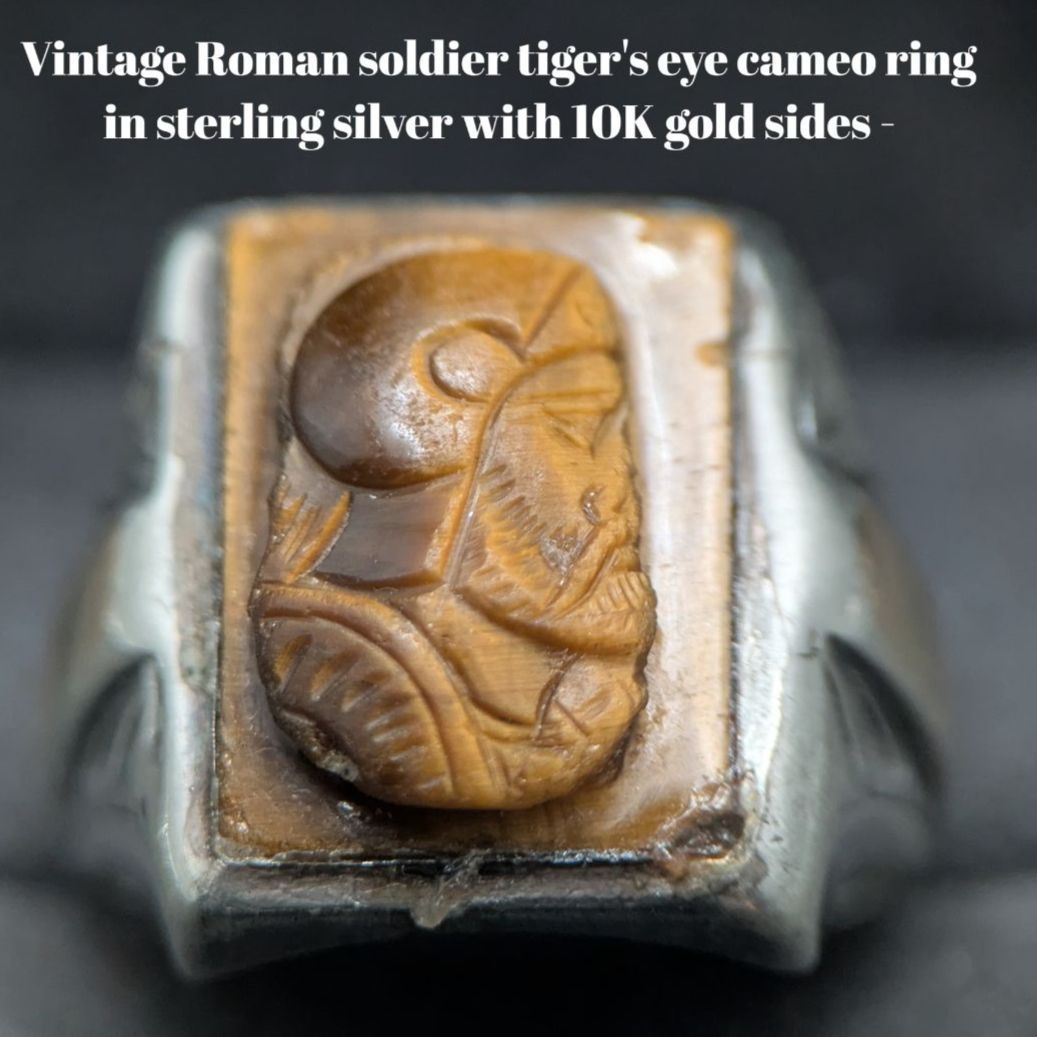 アンティーク ローマ兵 タイガーアイ カメオ シグネットリング スターリングシルバー 10 K 彫金 指輪 18.2号 10.5 g