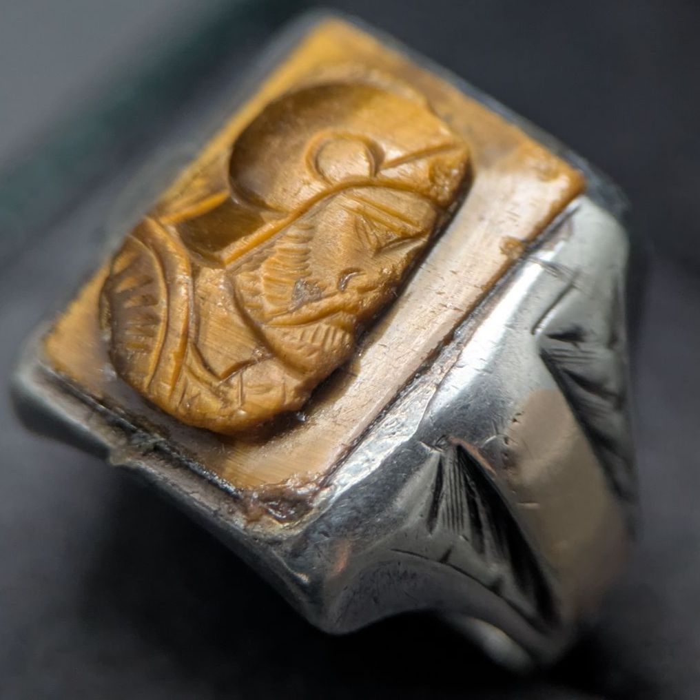アンティーク ローマ兵 タイガーアイ カメオ シグネットリング スターリングシルバー 10 K 彫金 指輪 18 2号 5 g