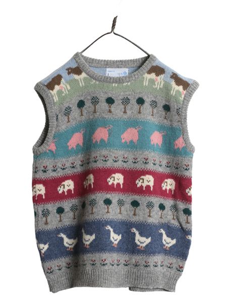 80 s デザイン ニット ベスト レディース L ヴィンテージ シェットランド ウール セーター 重ね着 ジレ 絵柄 イラスト かわいい アニマル 灰