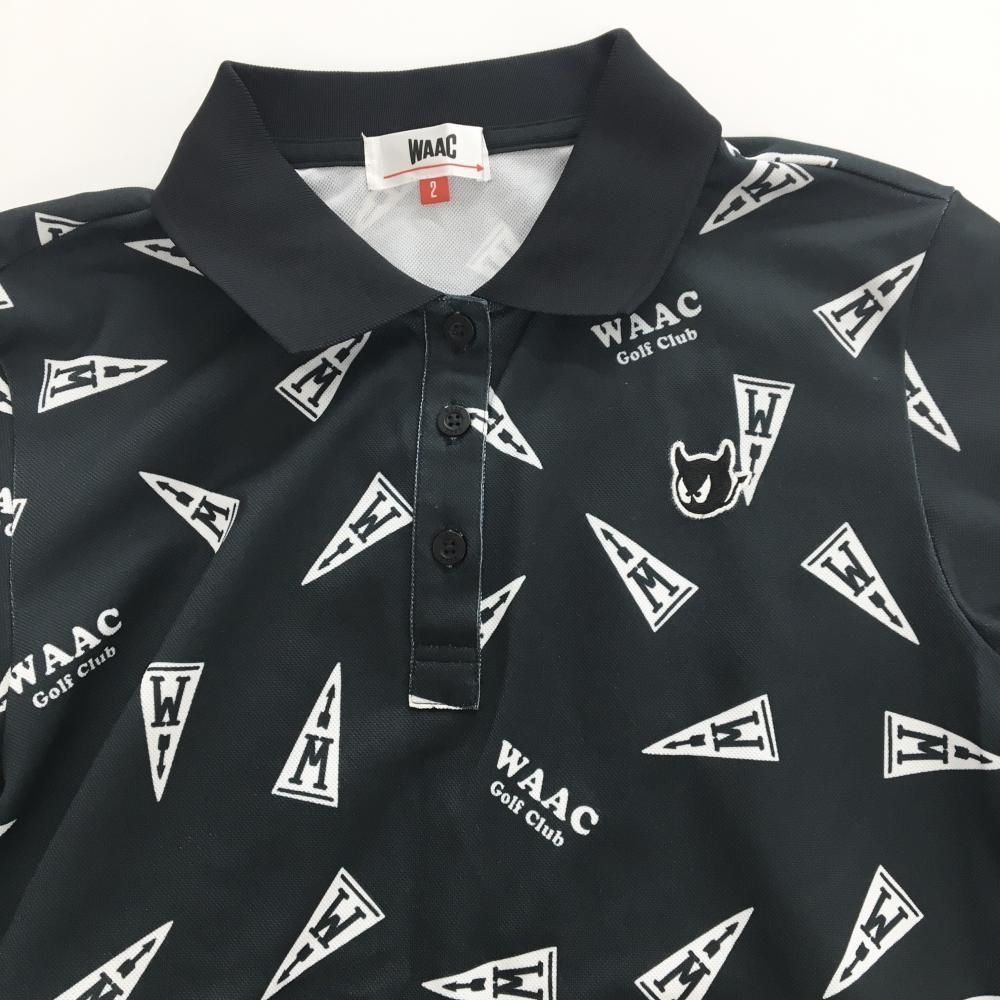 超美品】ワック 長袖ポロシャツ 黒系×白 総柄 胸ロゴ レディース 2(M