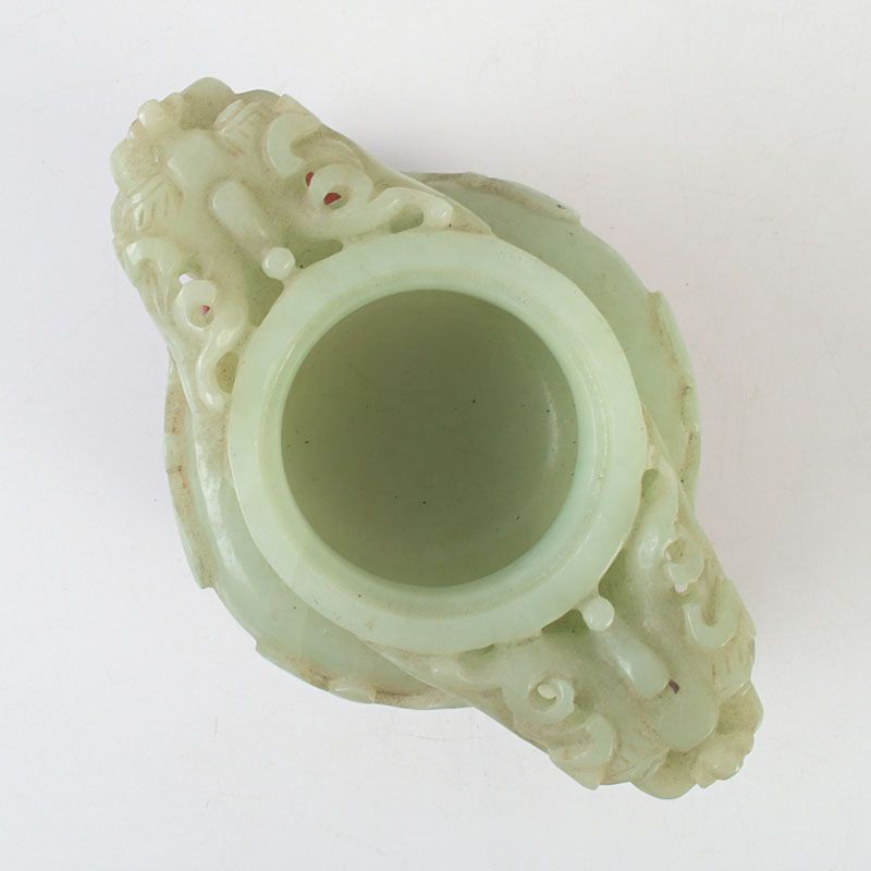 中国 玉石岫玉彫刻 雙耳活環 龍鈕蓋爐 三足香炉 唐木台付 C S423