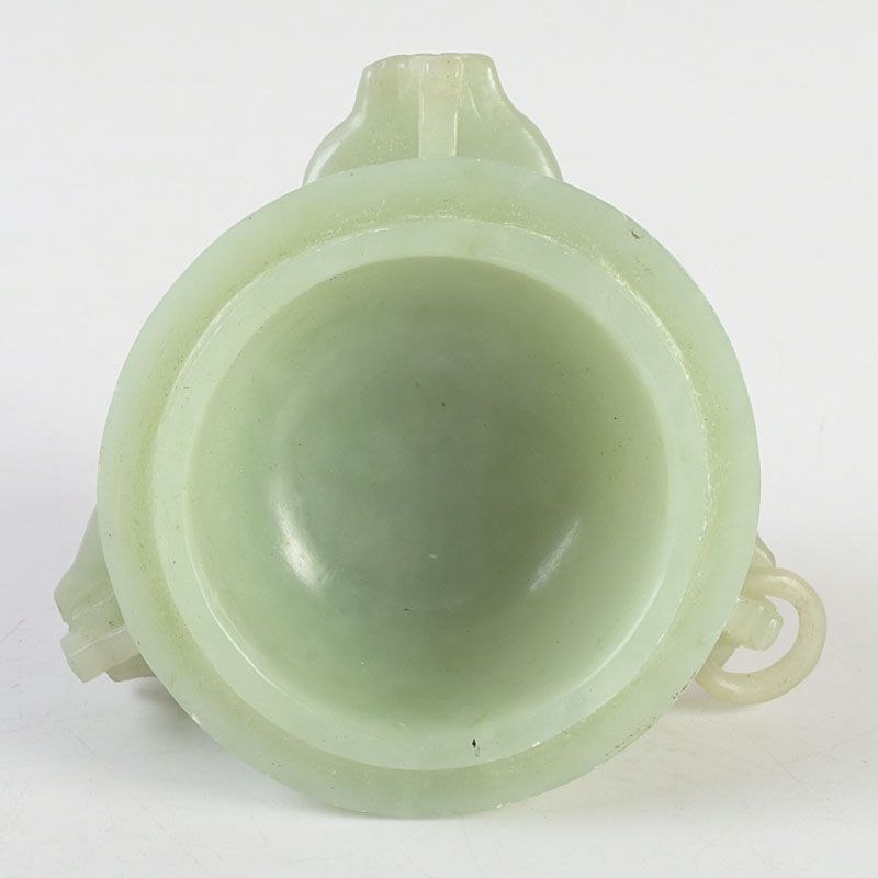 中国 玉石岫玉彫刻 雙耳活環 龍鈕蓋爐 三足香炉 唐木台付 C S423