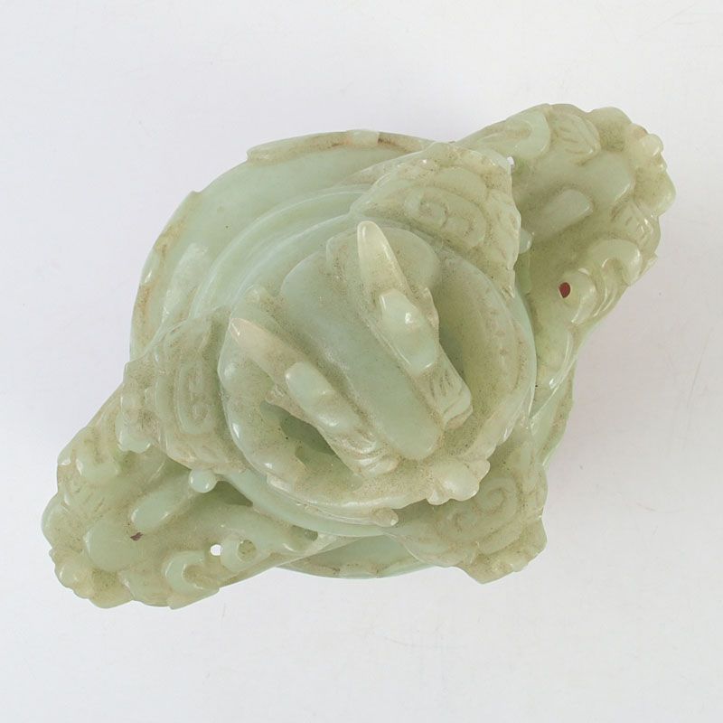 中国 玉石岫玉彫刻 雙耳活環 龍鈕蓋爐 三足香炉 唐木台付 C S423