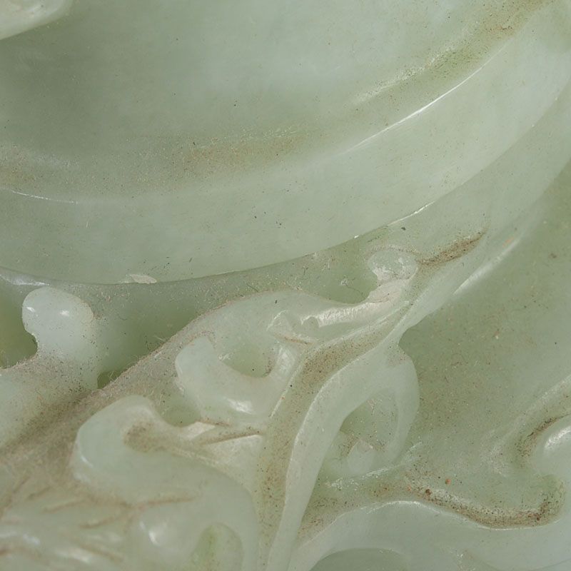 中国 玉石岫玉彫刻 雙耳活環 龍鈕蓋爐 三足香炉 唐木台付 C S423