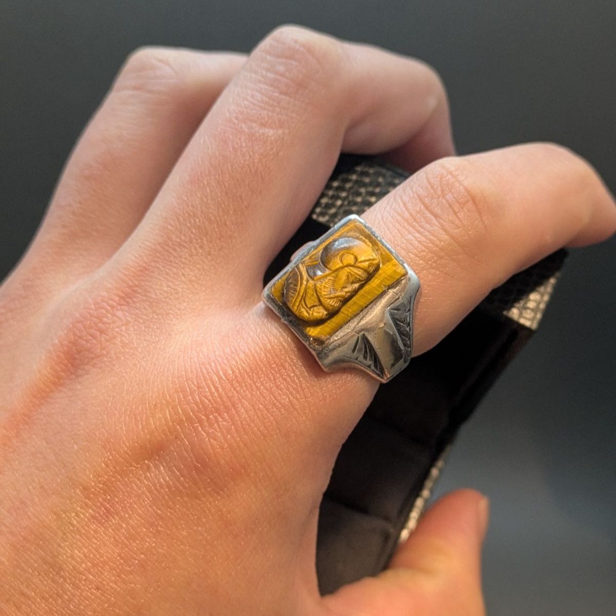  アンティーク ローマ兵 タイガーアイ カメオ シグネットリング スターリングシルバー 10 K 彫金 指輪 18 2号 5 g リング 指輪 アクセサリー