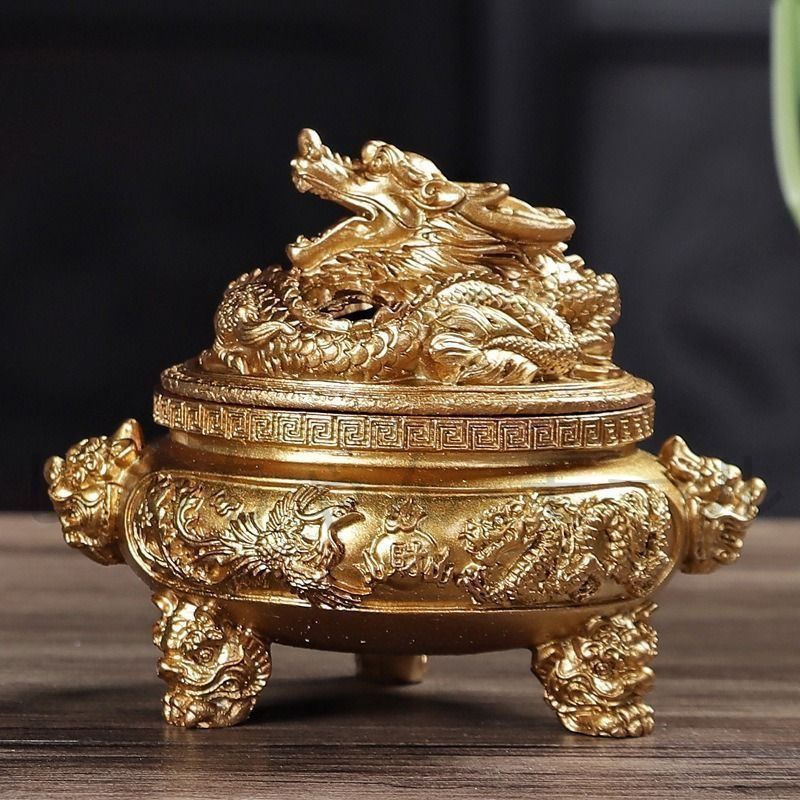 新品?未使用】 香炉 香炉禅飾り お香 お香立て 龍 ドラゴン 竜 彫刻 金