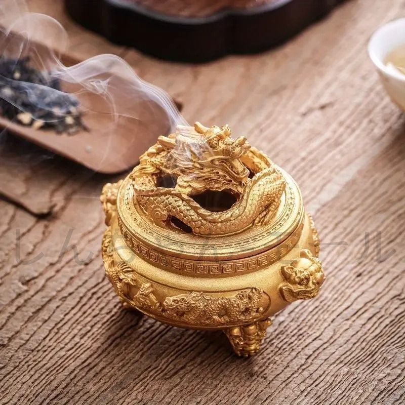 新品?未使用】 香炉 香炉禅飾り お香 お香立て 龍 ドラゴン 竜 彫刻 金