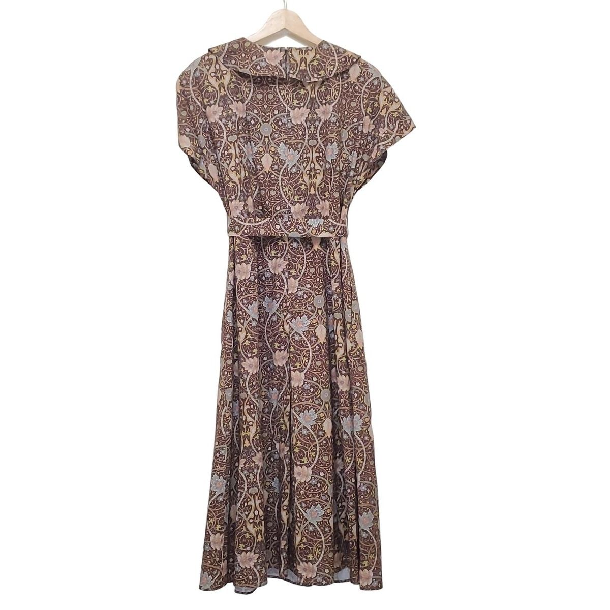 Scapa スキャパ ワンピース サイズ42 L レディース ダークブラウン ライトピンク マルチ クルーネック 半袖 ロング ペイズリー柄