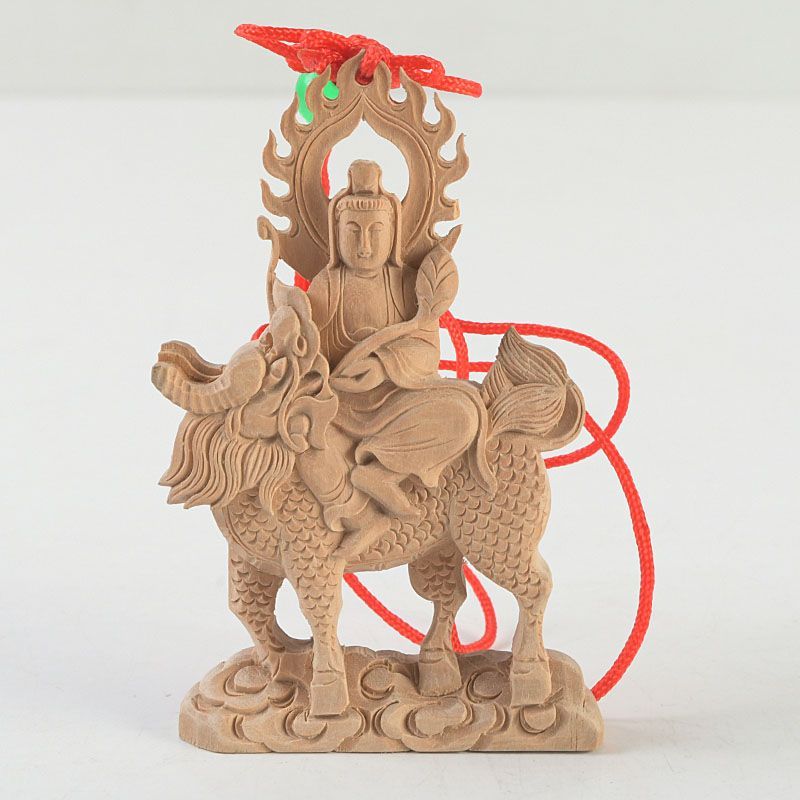 仏教美術 香木 白檀彫刻 神獣乗り観音菩薩像 仏像 根付 置物 N S425