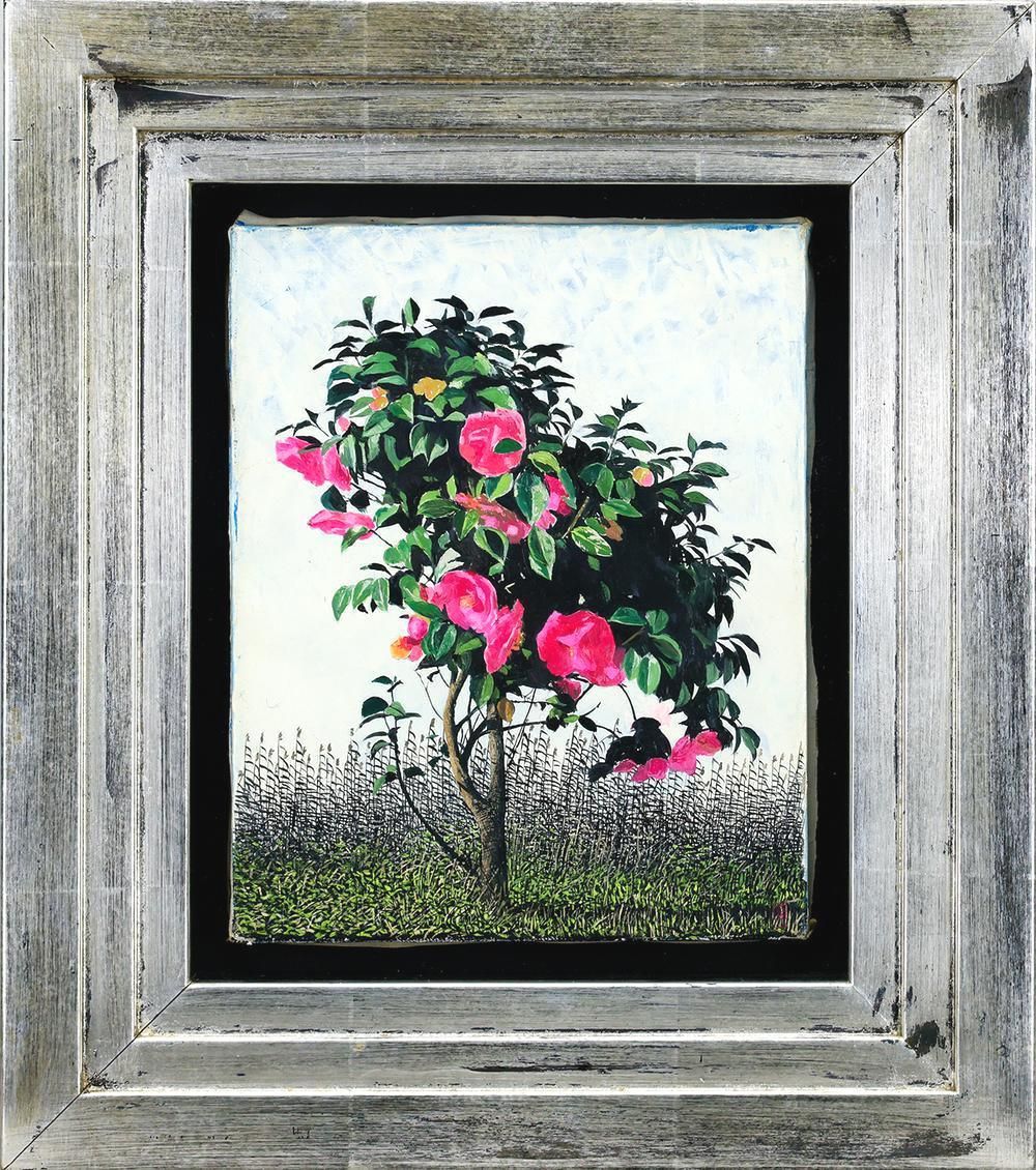 真作】【WISH】小泉正彦「椿」油彩 3号 ◇紅椿の存在感あふれる一枚 〇