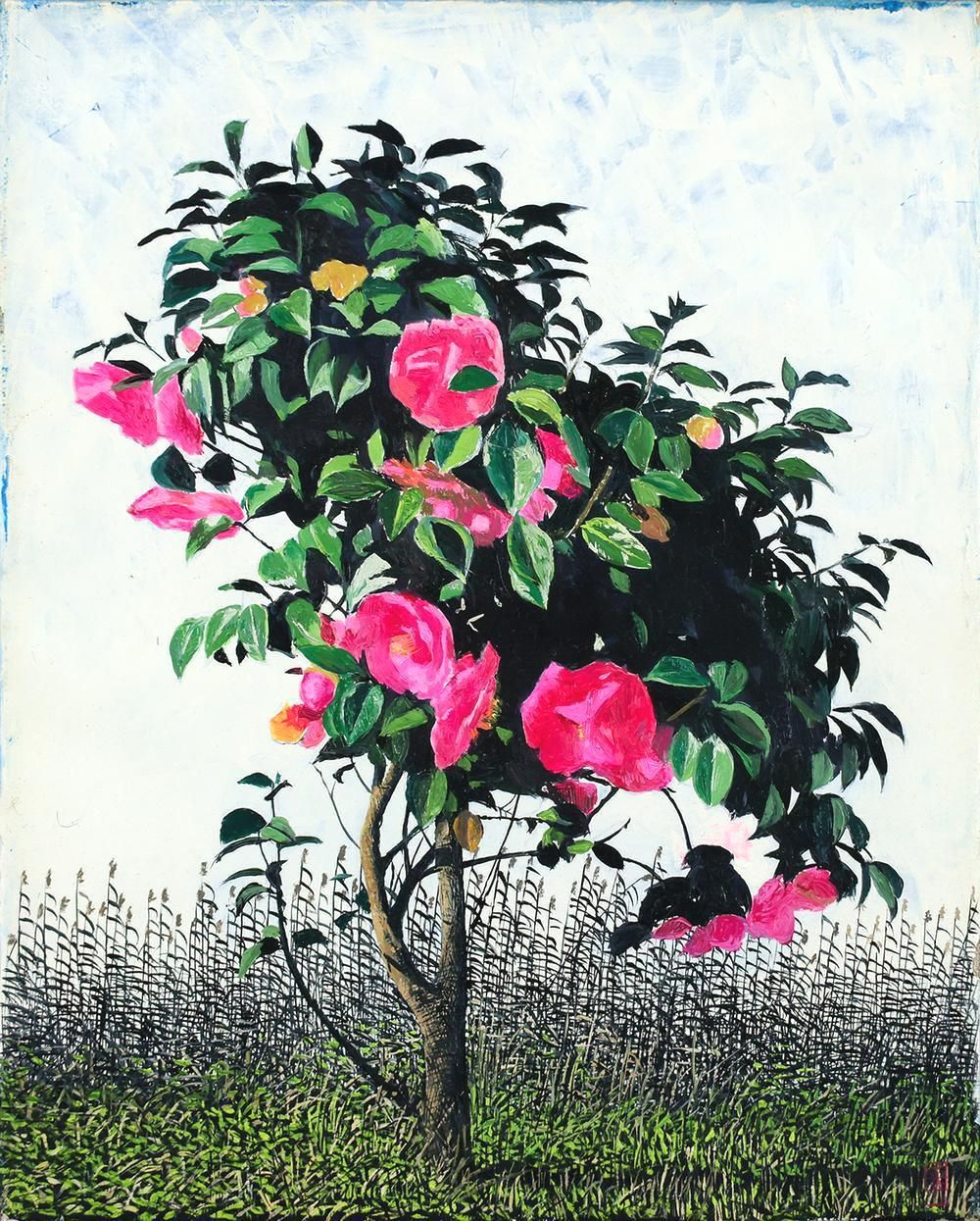 真作】【WISH】小泉正彦「椿」油彩 3号 ◇紅椿の存在感あふれる一枚 〇