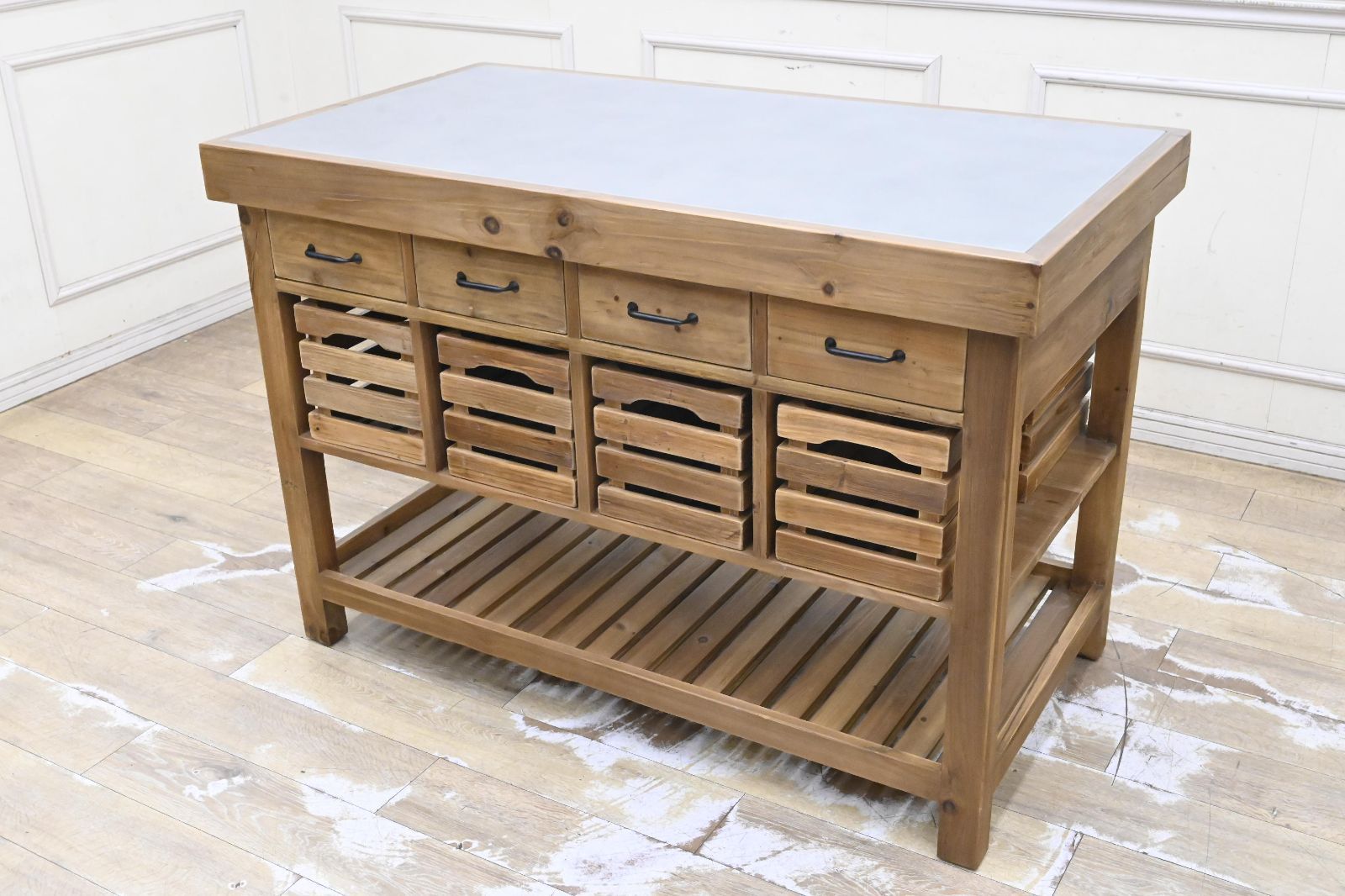 HI 22 ヴィンテージ CRASH GATE ポタリー アイランドテーブル 古材 トタン 両面収納 ワークテーブル