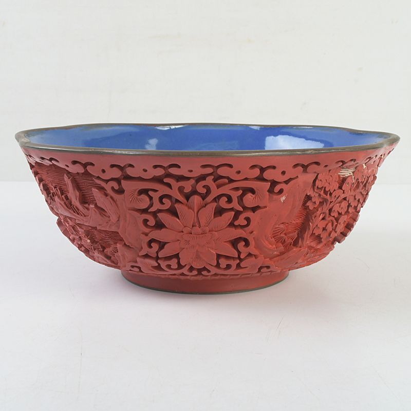 中国 剔紅 堆朱 内七宝 山水文 輪花碗 M S436 注文