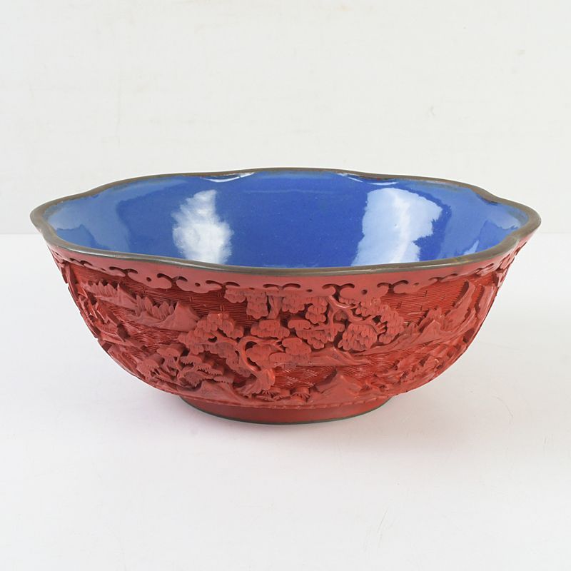 中国 剔紅 堆朱 内七宝 山水文 輪花碗 M S 436