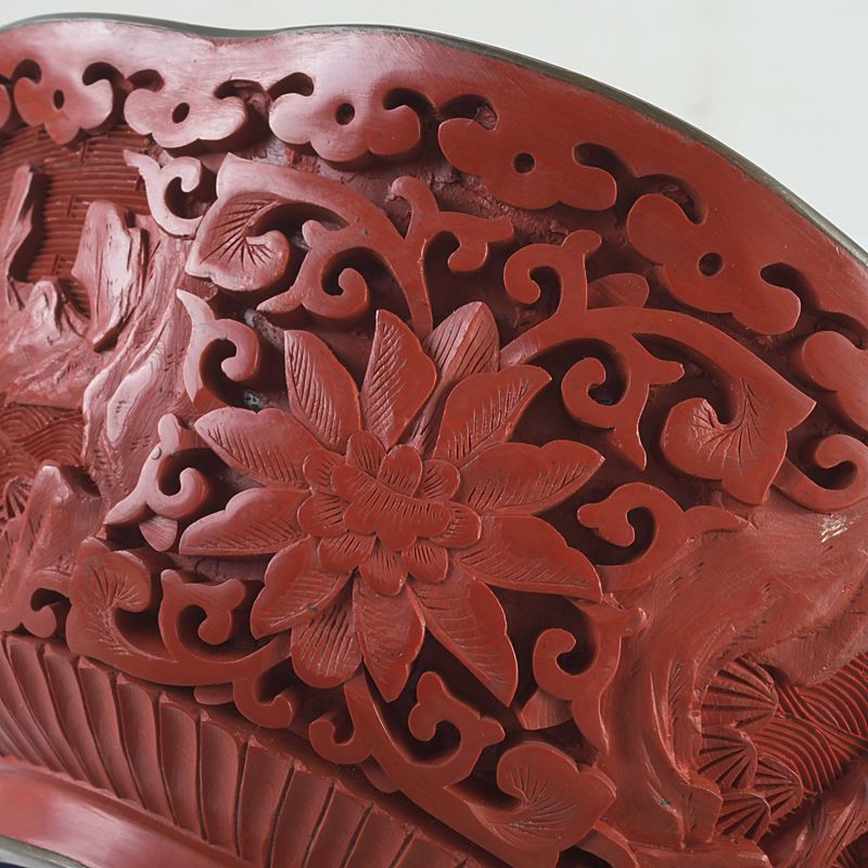 中国 剔紅 堆朱 内七宝 山水文 輪花碗 M S436 注文