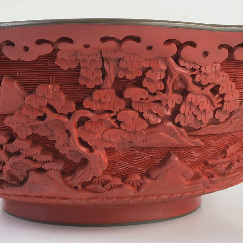 中国 剔紅 堆朱 内七宝 山水文 輪花碗 M S436 注文